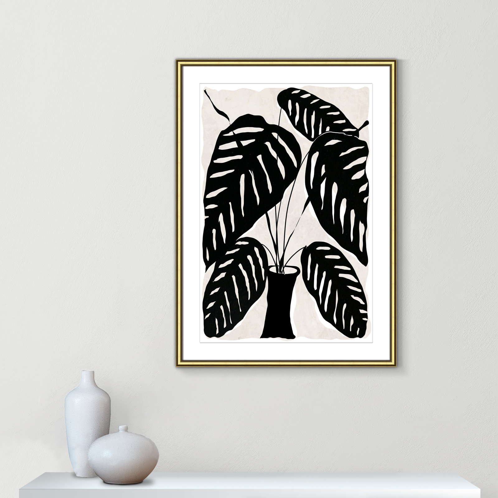 Black and White Potted Plant I Print, Gold Framed, 36.75" H x 26.75" W x 0.88" D