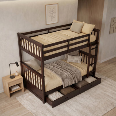 Twin-Over-Twin Bunk Bed With Ladders And Two Storage Drawers, Separable Solid Pine Wood Bed