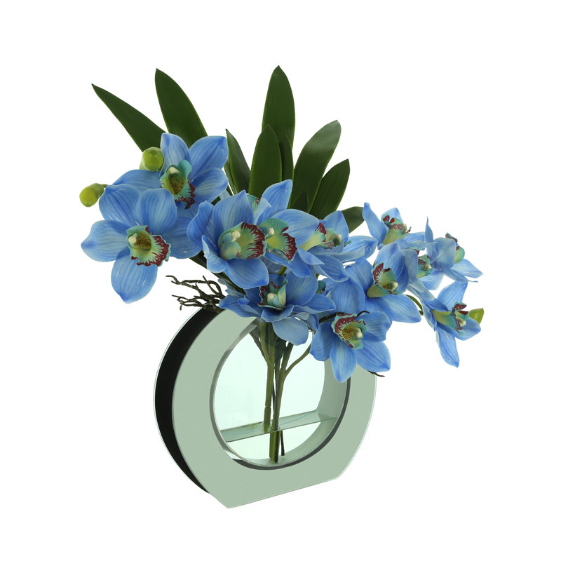 Modern Orchid Arrangement in Mirrored Glass Vase, Blue
