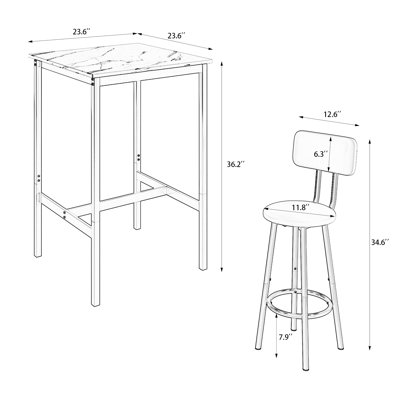 Table de bar, équipée de 2 tabourets de bar, avec dossier et cloison