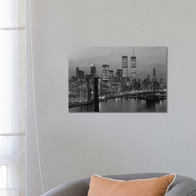 1980s New York City Lower Manhattan Skyline Brooklyn Bridge World Trade Center 1 Piece Wrapped Canvas Wall Art
