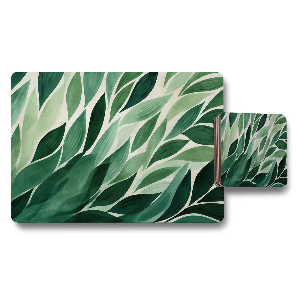 Green Leaf Pattern Placemat And Coaster Set For Dining Table