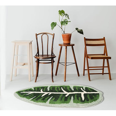 Frond Microfiber Green Botanical Design Rug,Washable Anti-Slip Mat for Indoor/Outdoor & Pet-Friendly Use