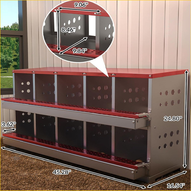 Metal Chicken Nesting Box for Laying Eggs, Rustproof Wall-mountable Roll Away Chicken Laying Boxes for Hens, Waterproof, Ventilated with Perch, 10 Compartments