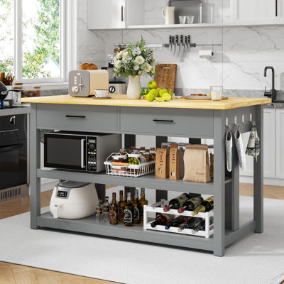 47.3" Solid Rubberwood Kitchen Island with Power Outlets - Extra Large Work Surface, 2 Drawers & Open Shelves Storage Cabinet for Kitchen Dining Room, by Ebern Designs