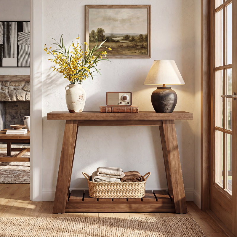 41" Console Table, Rustic Farmhouse Entryway Table With Lower Storage Shelf, Narrow Sofa Table For Living Room, Natural Walnut Brown