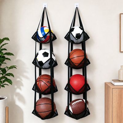 Ensemble de 2 boîtes de rangement suspendues en filet, 4 balles de sport pour le basketball, le soccer, le volleyball, le football et les jouets