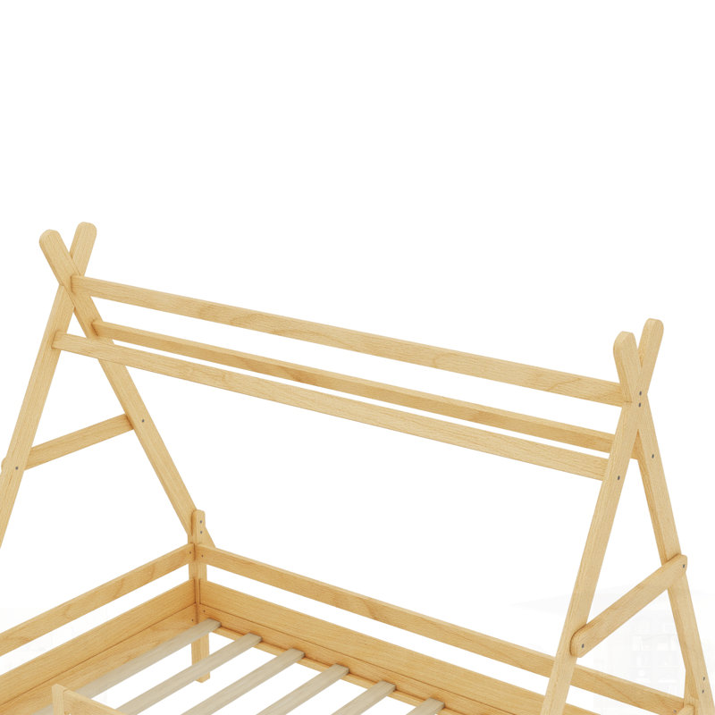 House Platform Bed With Stairs, Solid Wood Frame, Low Profile And Childlike Fun Design, Natural, Twin