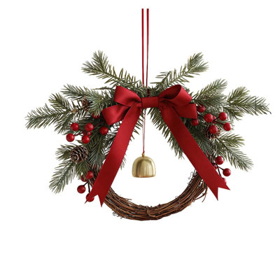 13.78" Christmas Wreath for Front Door with Norfolk Pine Jingle Bells Pine Cones and Red Berry Natural Bamboo Base Indoor Outdoor Cabinet Window Farmhouse Wall Porch Fireplace Wreath Decoration