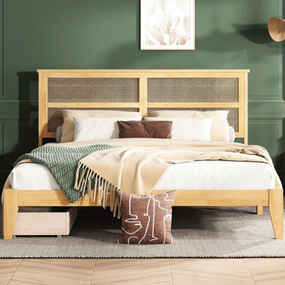 King Size Bed With Fascinating Woven Headboard And Two Practical Storage Units Drawers Functional