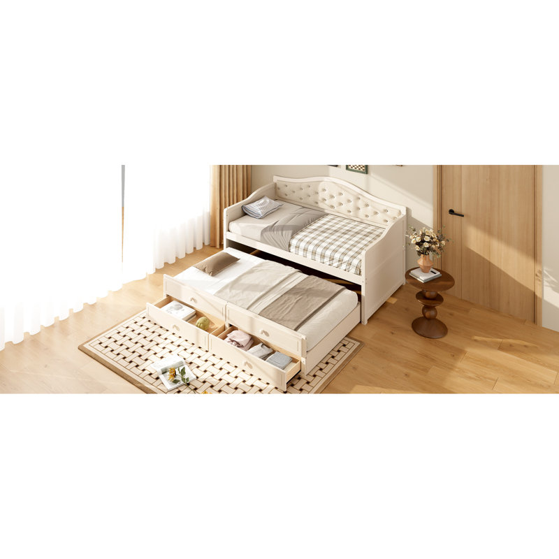Lit de jour simple beige avec lit gigogne et rangement, lit capitonné, fonctionnel pour la chambre à coucher, structure, 2 tiroirs de rangement à assemblage rapide, chambre d'amis peu encombrante, fabrication en bois de pin