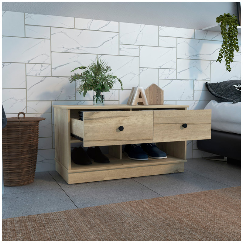 Banc de rangement Hamilton, deux tablettes ouvertes, deux tiroirs -, Beige