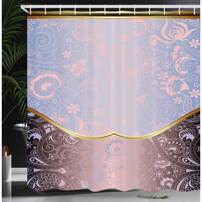 Pale Azure and Gold Floral Fabric Shower Curtain with Hooks
