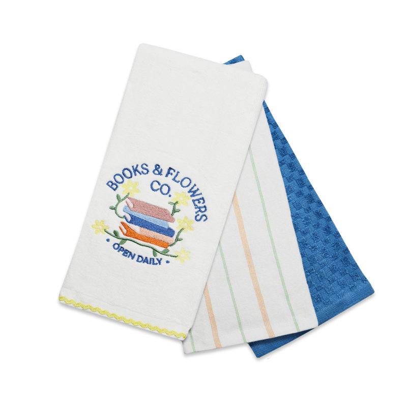 Super Absorbent 3 Pack Cotton Tea Towels - Books and Flowers