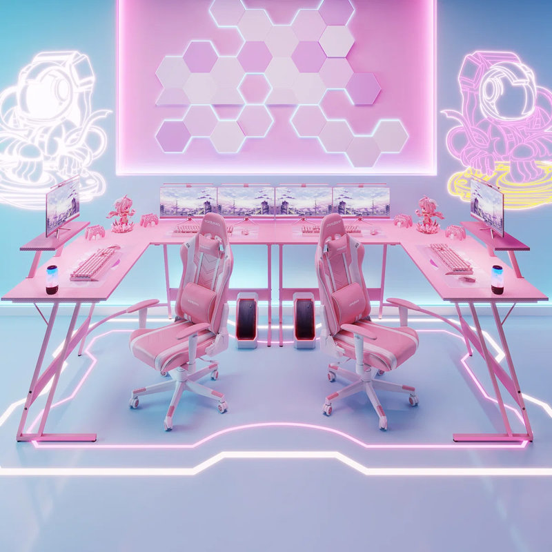 Bureau d'ordinateur en forme de L avec grand support pour écran Sherri, Rose, H 29 po x l 58 po x P 22,8 po