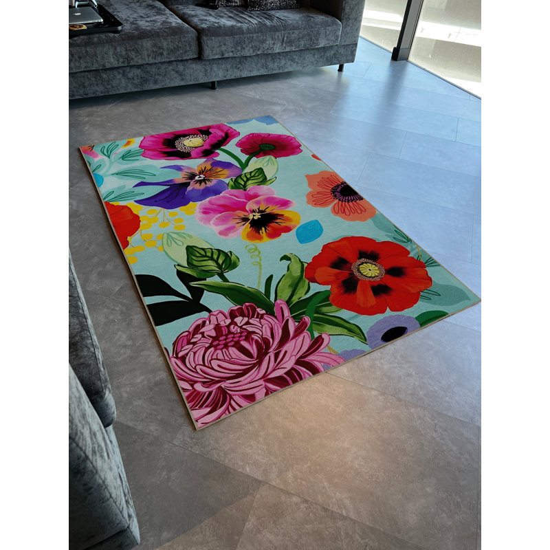 Tapis décoratif multicolore bleu à motif de roses et de fleurs, Tapis de couloir 3 pi 10 po x 6 pi 7 po