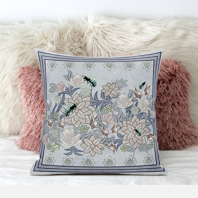 Housse de coussin intérieur / extérieur en polyester Honeybee on Flower, 20 po x 20 po, Gris / Mauve / Brun