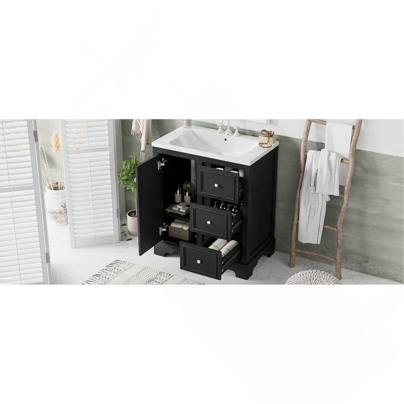 Armoire de meuble-lavabo 30 po avec lavabo en céramique, 3 tiroirs et tablettes réglables, Noir