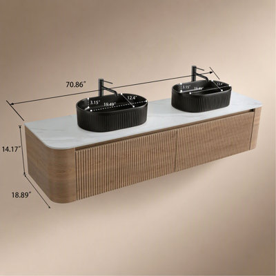 Meuble-lavabo de salle de bain, 72 po, avec lavabo, armoire de rangement en chêne miel avec porte-serviettes gratuit Erba, double vasque en céramique rayée noire ovale (sans bonde / robinet), pré-assemblé