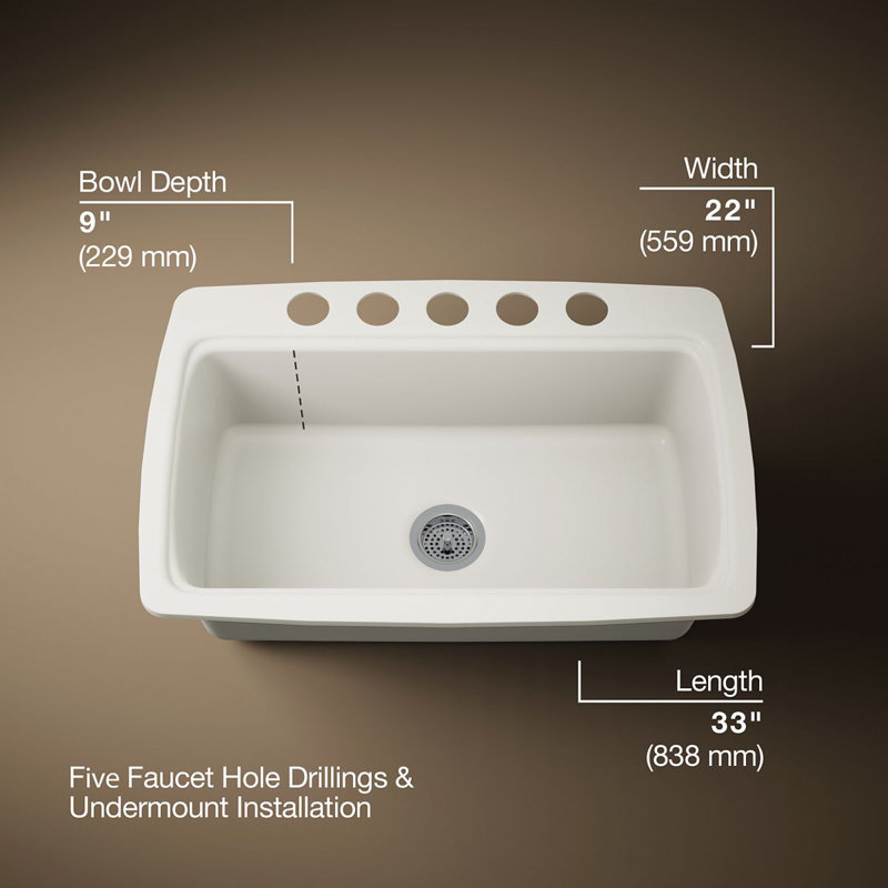 Cape Dory® 33" L x 22" W x 9-5/8" Under-Mount Single-Bowl Kitchen Sink with 5 Oversize Faucet Holes, Biscuit
