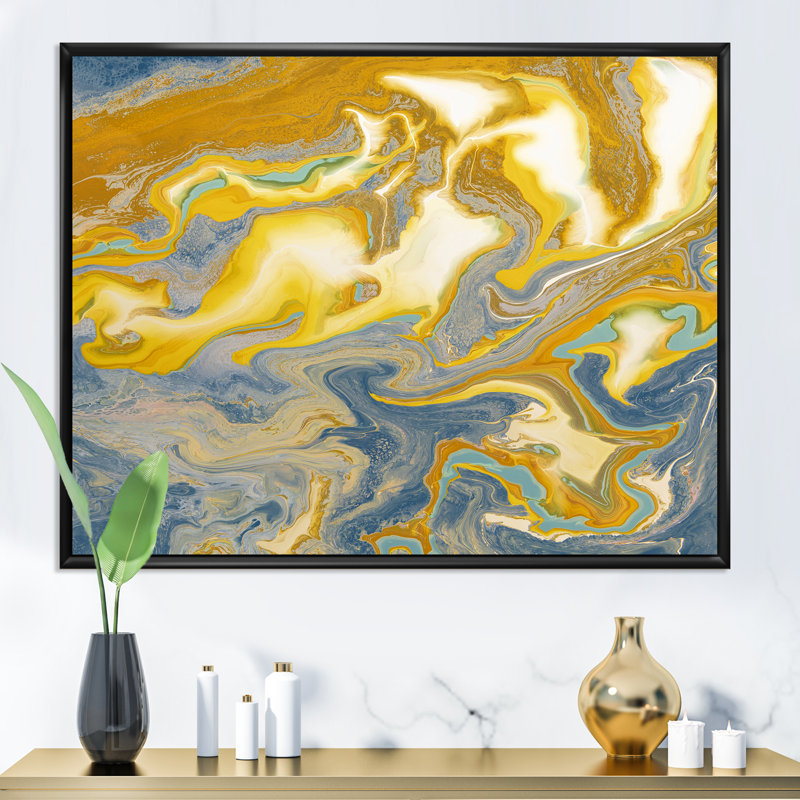 Jaune et bleu vagues de marbre I - peinture sur toile, H 30 po x l 40 po x P 1,5 po, Cadre flottant noir