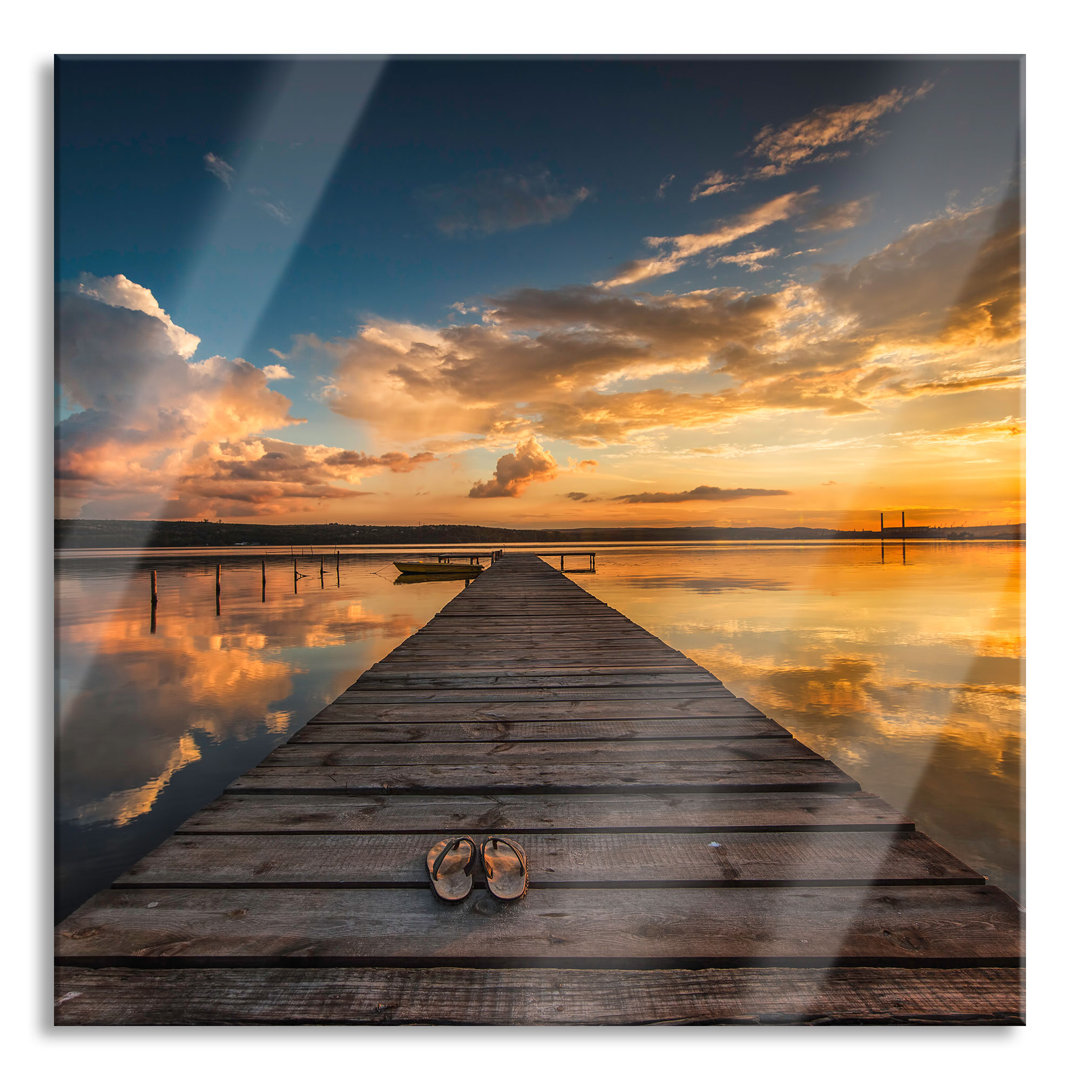 Glasbild Quadratisch | Wandbild Auf Echtglas | Steg Am See Bei Sonnenuntergang Inkl. Aufhängung Und Abstandshalter 1