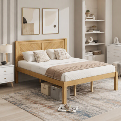 Solid Wood Platform Bed Frame with Herringbone Wood Headboard, Farmhouse Chevron Panel Bed, Under Bed Storage Clearance, No Box Spring Needed
