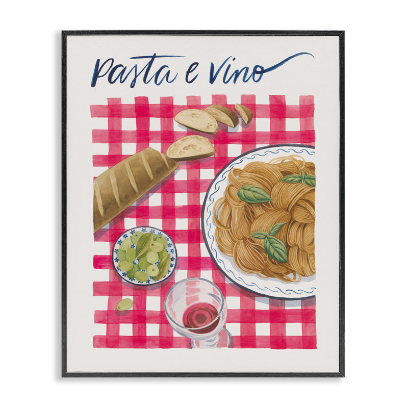  «Pasta & Wine on Tartan», estampe numérique par Grace Popp, H 14 po x l 11 po, Giclée encadrée noir minuit