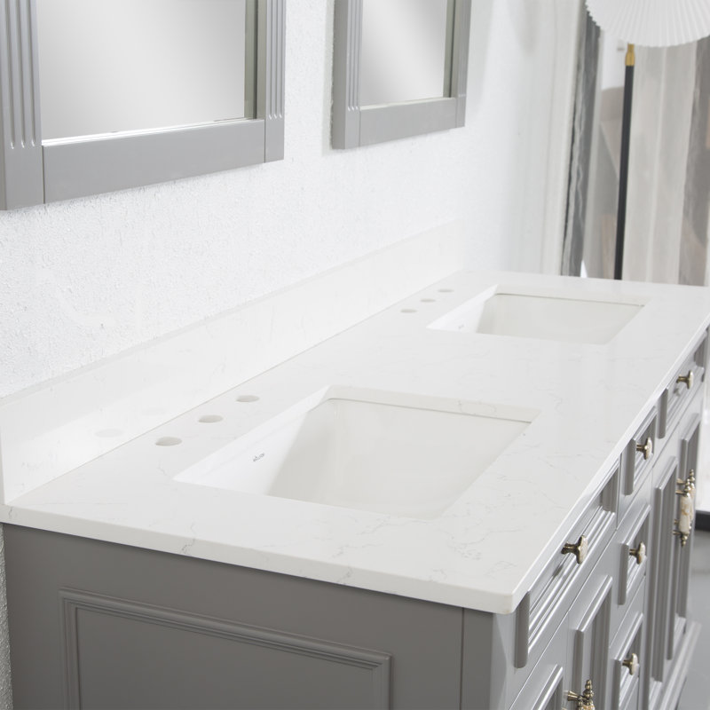 Elmmanual  35'' H X 60" W Solid Wood Bath Vanity with Stain-resistant Carrera White Quartz Top and Double Sink, Titainum Gray