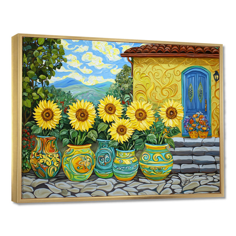 Art mural coloré de poterie colorée inspirée par Vincent I - Tournesols, Reproduction avec cadre flottant, H 24 po x l 32 po