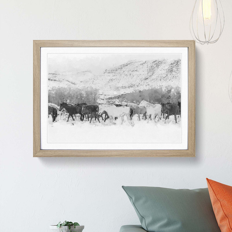 Herd of Horses in Abstract - Picture Frame Graphic Art Print, 27cm H x 36cm W x 2cm D, Oak Framed