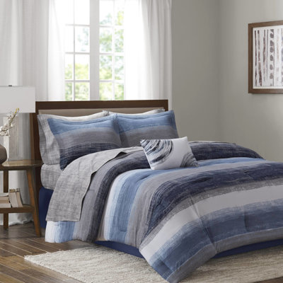 Édredon pour très grand lit 9 pièces Draps de lit en microfibre à rayures bleues aquarelle assorties Jupe et coussin décoratifs assortis