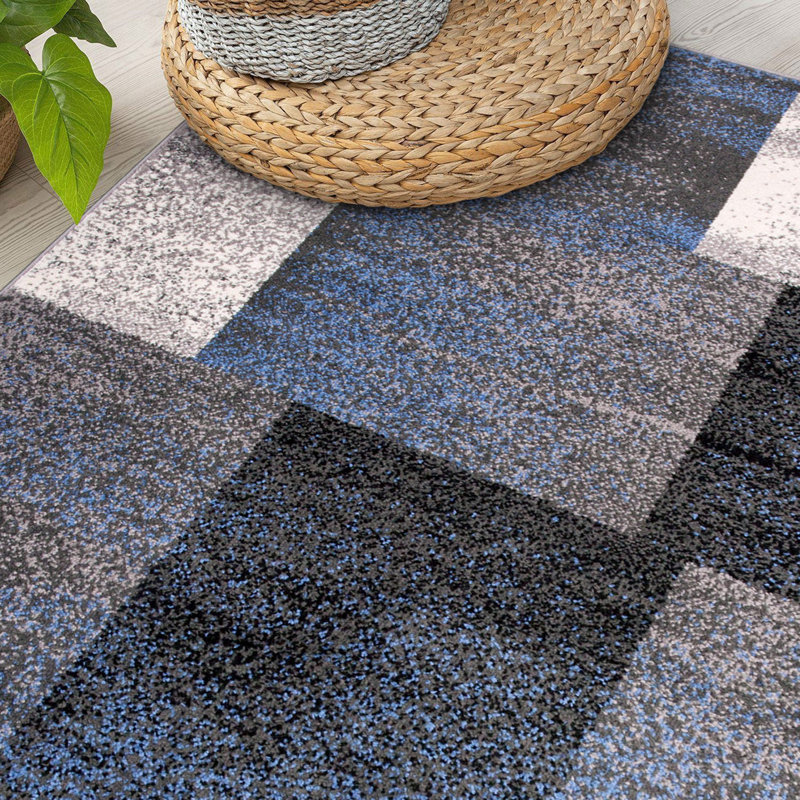 Tapis bleu / ivoire / gris à motif géométrique Damarus, Rectangle 7 pi 10 po x 10 pi