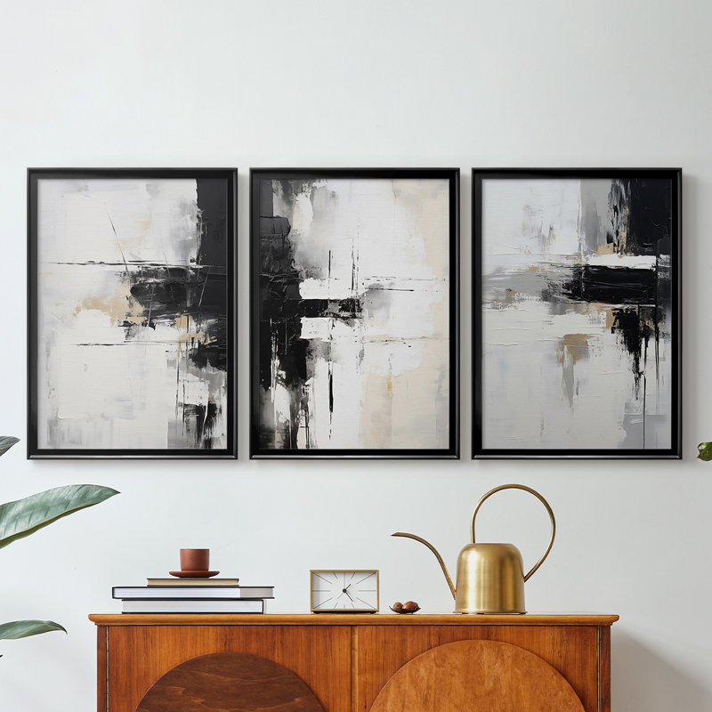 ABSTRACT Series dxvi - Toile tendue avec châssis encadré - 3 pièces, H 21 po x l 30 po, Noir