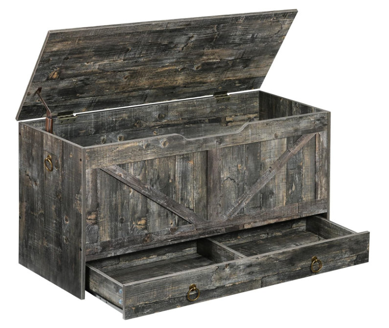 Farmhouse Storage Trunk Organizer Chest Bench Trunk With Drawer, Vintage Gray