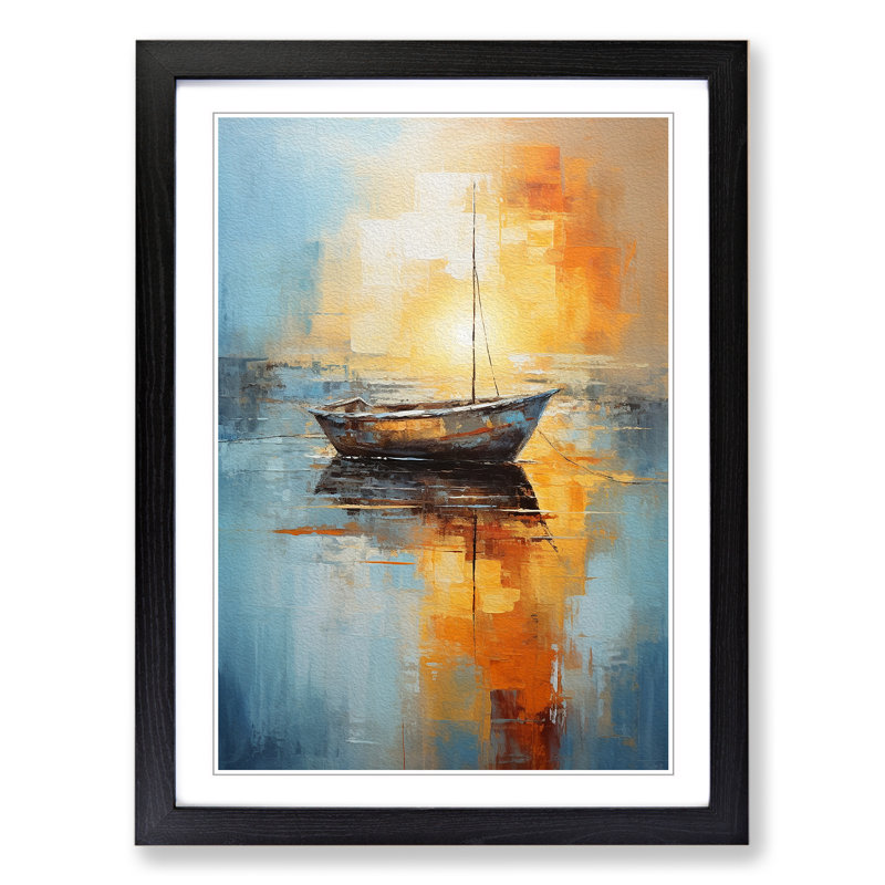 Boat on a Lake Abstract Art - Framed Print, Black Framed, 34cm H x 25cm W x 2cm D