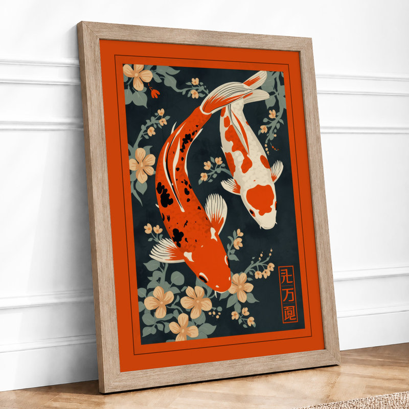 Koi and Blossoms Japandi - Framed Print, A2 - 59.4 x 42.0 cm, Oak