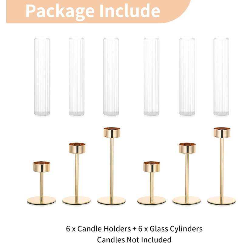 Hurricane Candle Holders Set Of 6 - Tall Metal Taper Candle Stick Holders With Ribbed Glass Covers For Wedding Centerpiece, Living Room, Birthday Decor