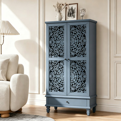 Armoire de rangement de 55 po de style campagne rétro avec 2 portes florales sculptées et un tiroir, armoire rétro autoportante avec tablette réglable et pieds en bois massif pour le salon, le vestibule, la salle à manger, noir