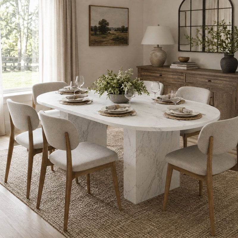 Table de salle à manger 62,9 po Farmhouse Oval pour 4-6 personnes, Blanc