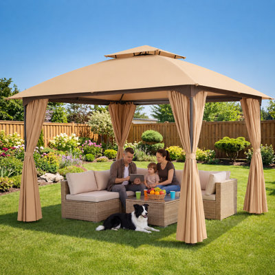LAUSAINT HOME 10'x10' Patio Arc Gazebo, Outdoor Canopy Tent with Curved Roof Design, Double Tier Top（Khaki）