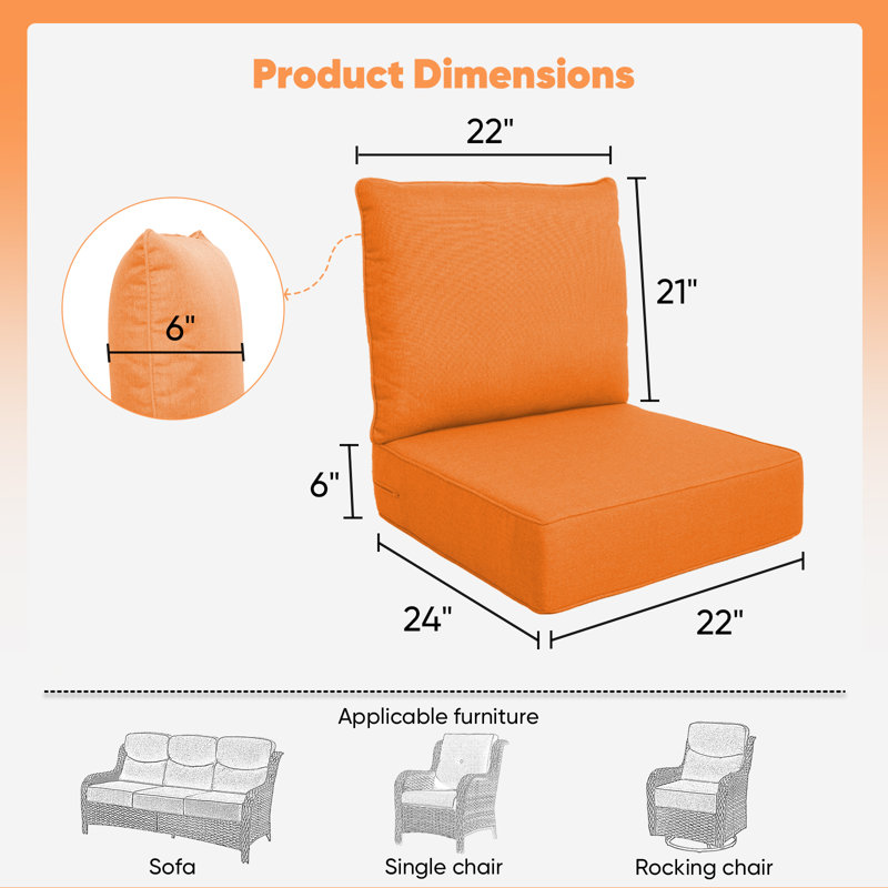 Ensemble de coussins de siège / dossier de remplacement pour l'extérieur 6 po (ensemble de 2), Orange, L 22 po x P 24 po, 2