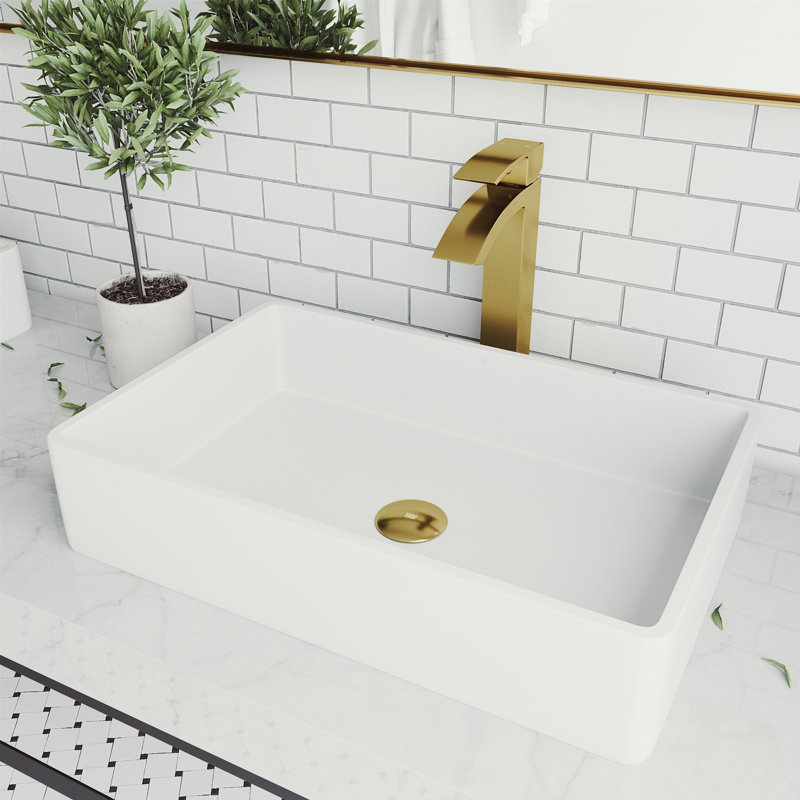 Magnolia 21" L x 14" W x 5" H Rectangular White Matte Stone Vessel Bathroom Sink with 12" H Faucet, Matte Gold