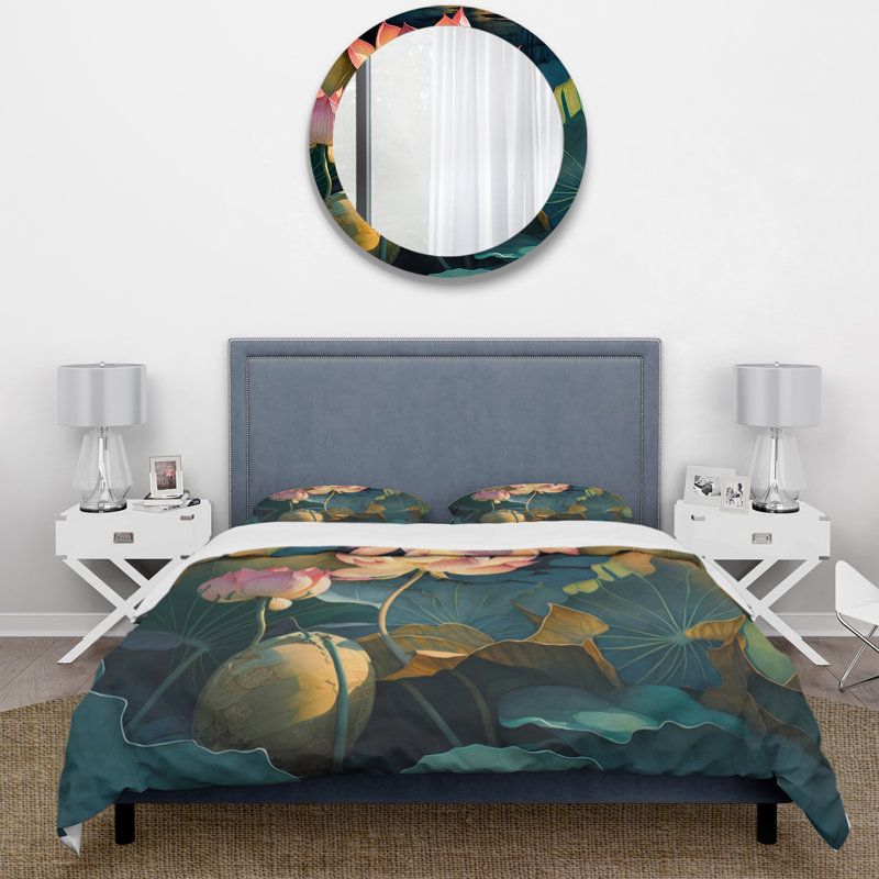 Ensemble de housse de couette en microfibre / polyester Blooming Vintage Lotus In The Pond II