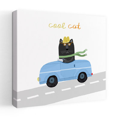 «Cool Cat Road Trip Playful Whimsical Contemporary», reproduction d'art murale