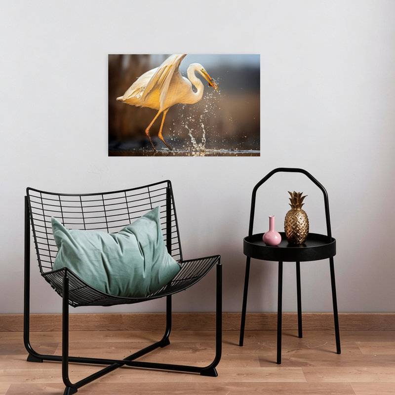 Egret Catches Fish Serene Contemporary Bird Fish Nature Wildlife Wall Art Print 1 Piece Wrapped Canvas Wall Art