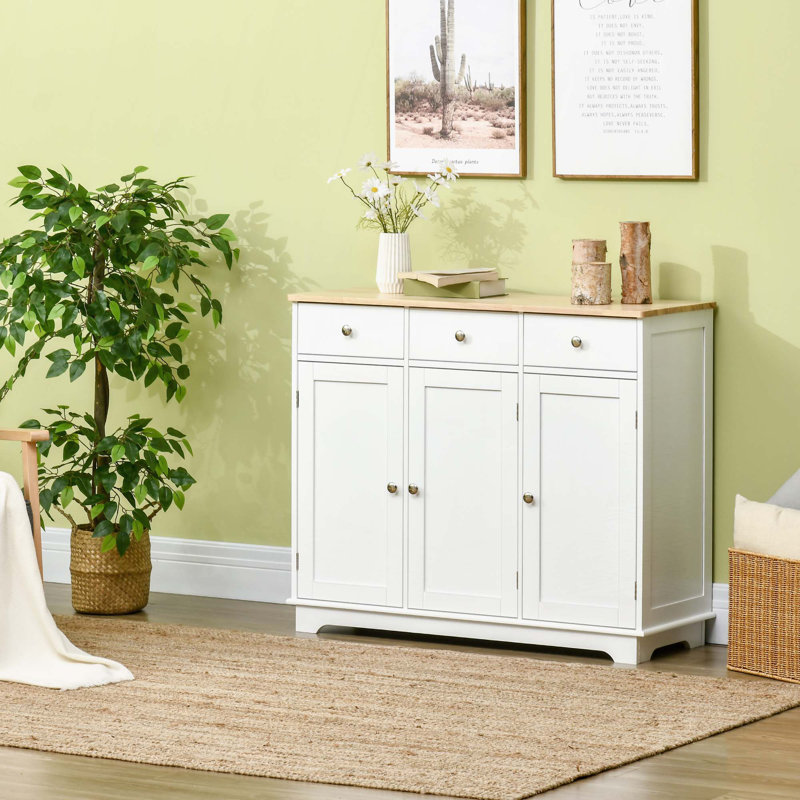 Farmhouse Cabinet with 3 Drawers, Doors and Adjustable, White/Natural