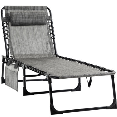 Reclining Garden Lounge Chair, Portable Folding Camping Cot With Adjustable Back, Removable Pillow, Side Pocket, Grey Poolside Lounger Chair Pillow -