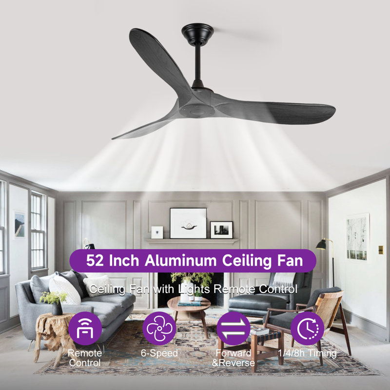 Solid Wood Ceiling Fan With Remote,3 Blade Reversible Dc Motor, Quiet Cooling For Living Room Or Bedroom, 132cm, Black