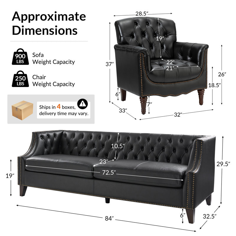 Ensemble de salon en cuir véritable transitionnel 3 pièces avec canapé et fauteuil décoratif Annja, Noir